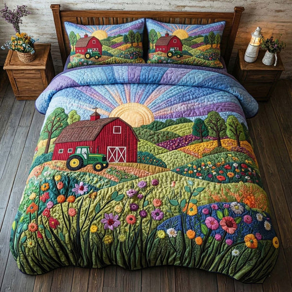 Golden Pasture quilted 3-piece bedding set on a made bed with two matching pillow shams