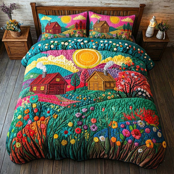 Golden Pasture quilted 3-piece bedding set on a made bed with two matching pillow shams