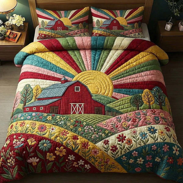 Golden Pasture quilted 3-piece bedding set on a made bed with two matching pillow shams