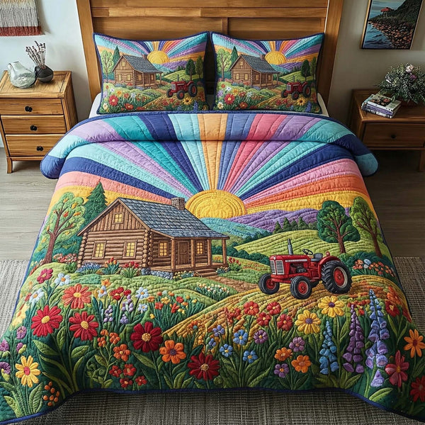 Golden Pasture quilted 3-piece bedding set on a made bed with two matching pillow shams