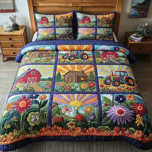 Golden Pasture quilted 3-piece bedding set on a made bed with two matching pillow shams