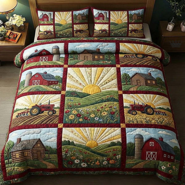 Golden Pasture quilted 3-piece bedding set on a made bed with two matching pillow shams