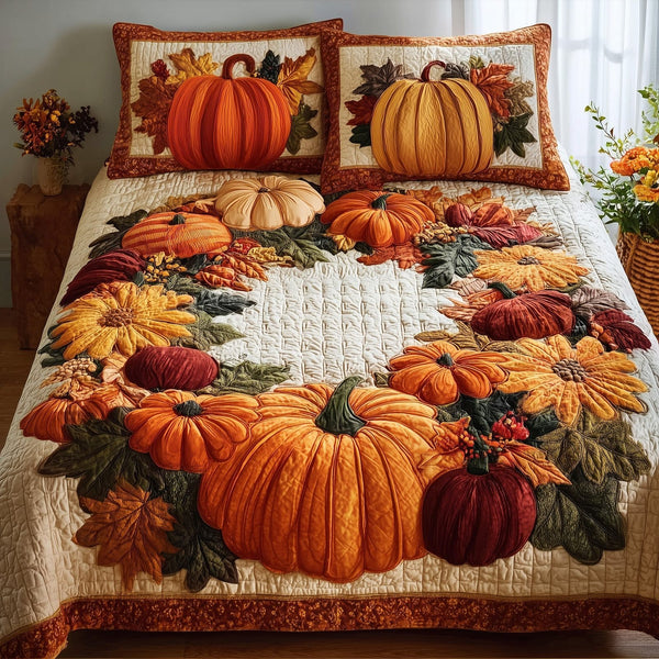 Golden Patch quilted 3-piece bedding set on a made bed with two matching pillow shams