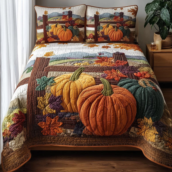 Golden Patch quilted 3-piece bedding set on a made bed with two matching pillow shams