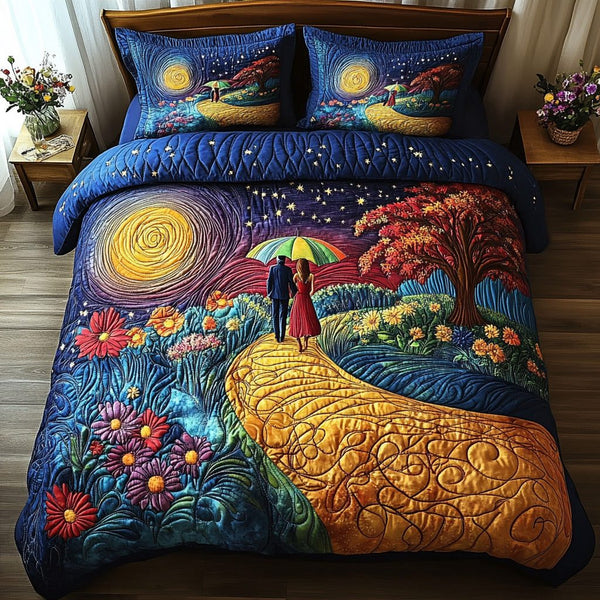 Golden Path quilted 3-piece bedding set on a made bed with two matching pillow shams