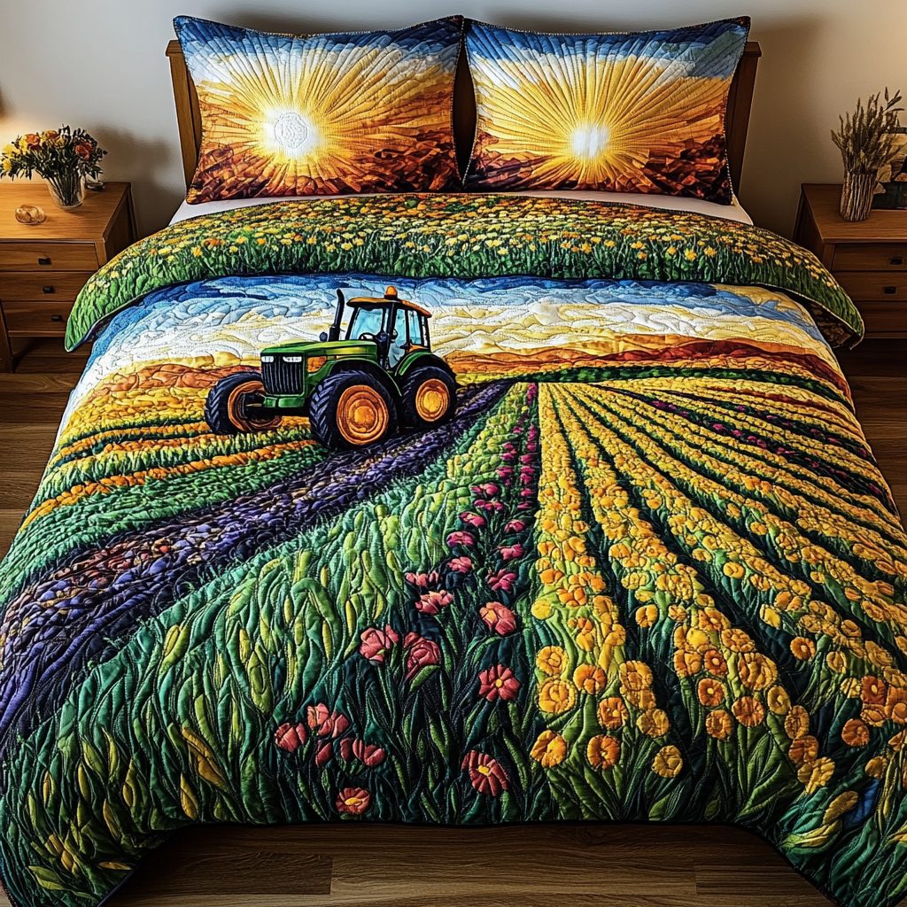 Golden Path quilted 3-piece bedding set on a made bed with two matching pillow shams