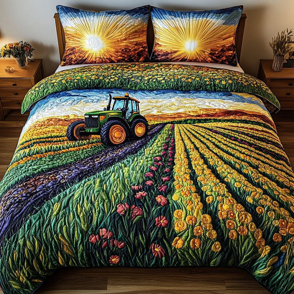 Golden Path quilted 3-piece bedding set on a made bed with two matching pillow shams