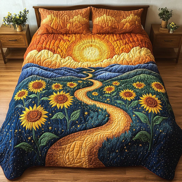 Golden Path to Sun quilted 3-piece bedding set on a made bed with two matching pillow shams