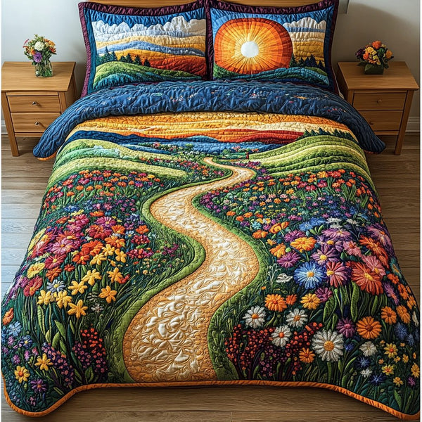 Golden Pathway quilted 3-piece bedding set on a made bed with two matching pillow shams