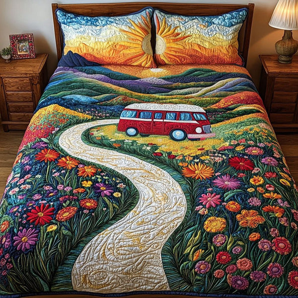 Golden Pathway quilted 3-piece bedding set on a made bed with two matching pillow shams