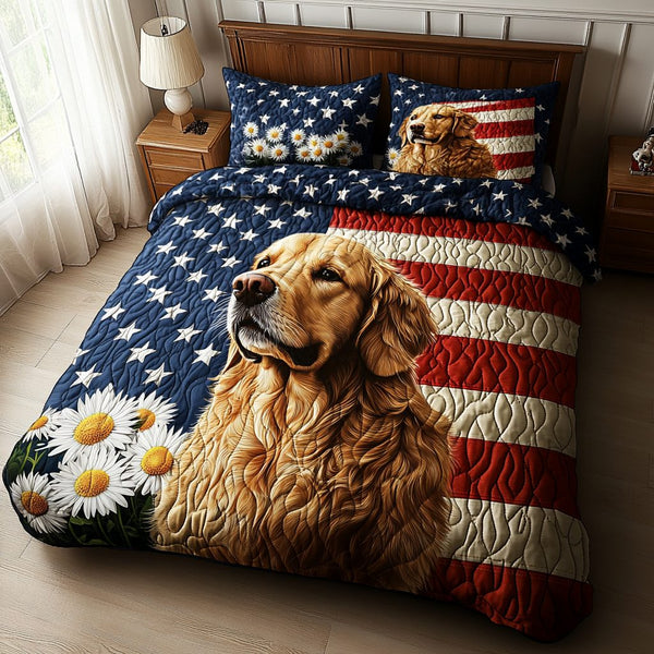 Golden Patriot quilted 3-piece bedding set on a made bed in a warmly lit bedroom