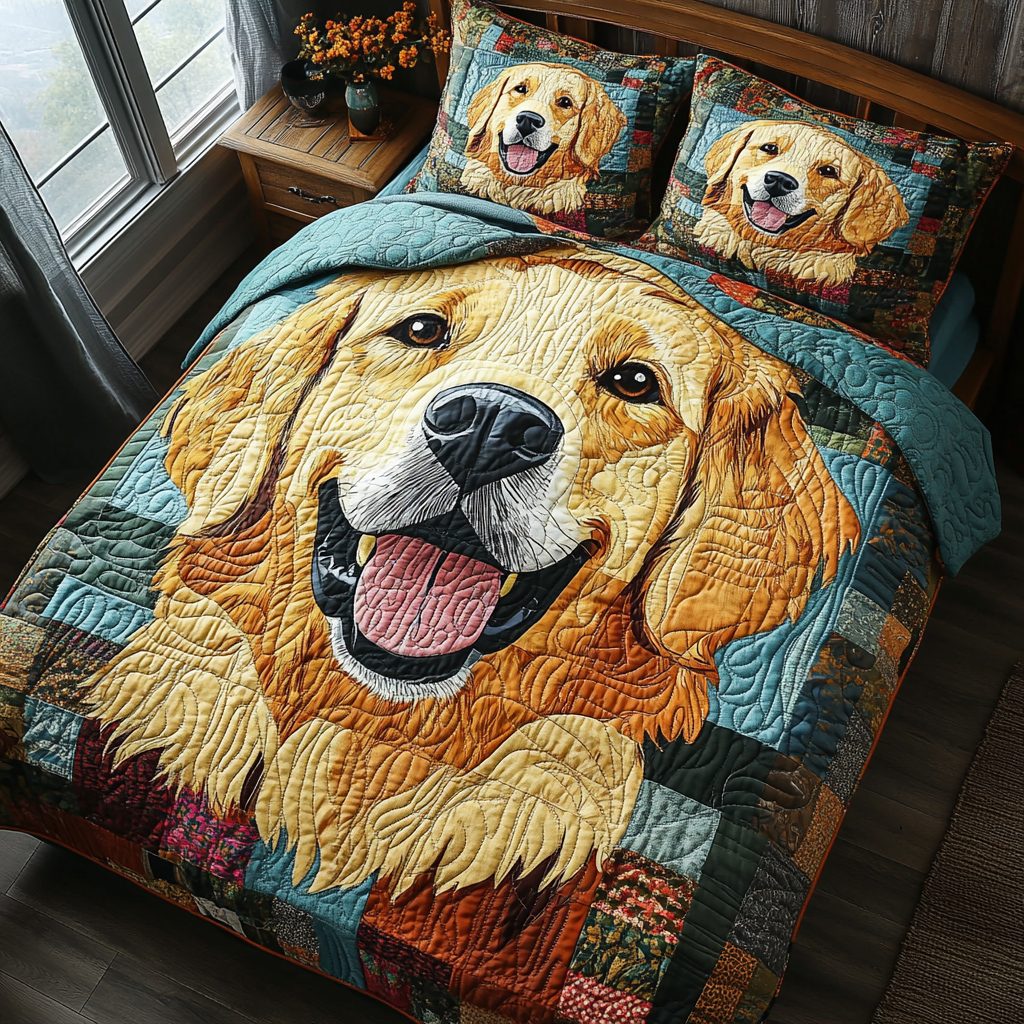 Golden Paws quilted 3-piece bedding set on a made bed with two matching pillow shams