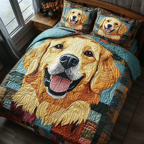 Golden Paws quilted 3-piece bedding set on a made bed with two matching pillow shams