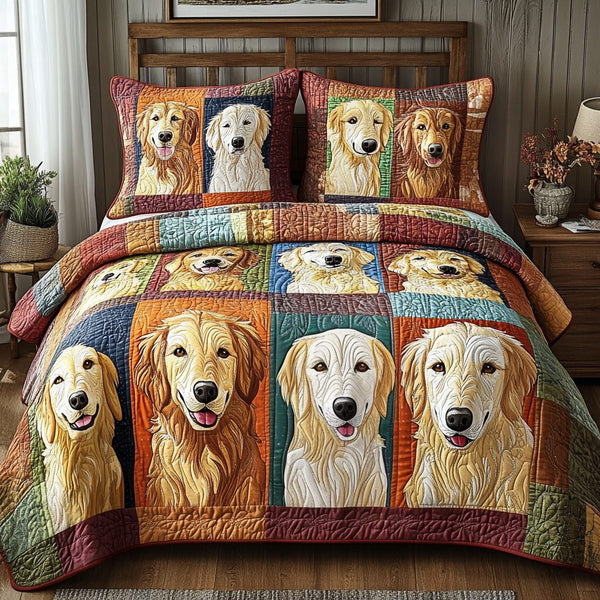Golden Paws quilted 3-piece bedding set on a made bed with two matching pillow shams