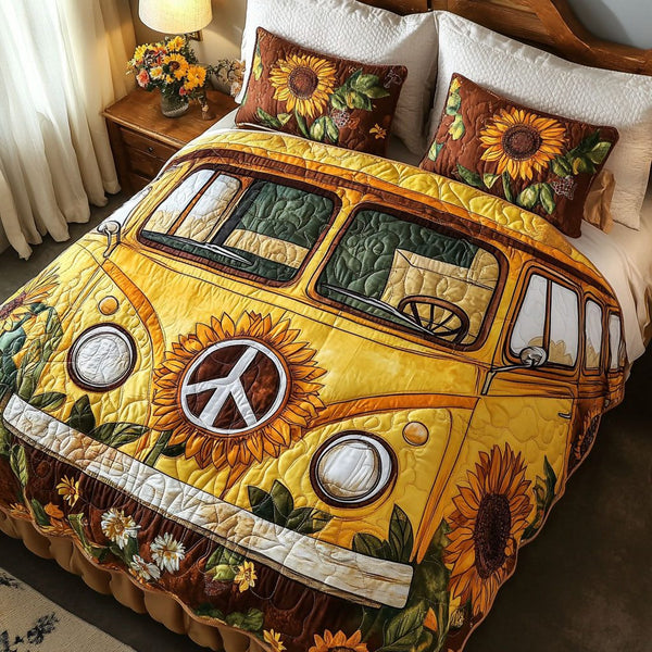Golden Peace Van quilted 3-piece bedding set on a made bed with two matching pillow shams