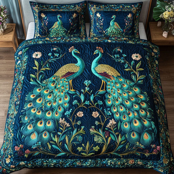 Golden Peacocks quilted 3-piece bedding set on a made bed with two matching pillow shams