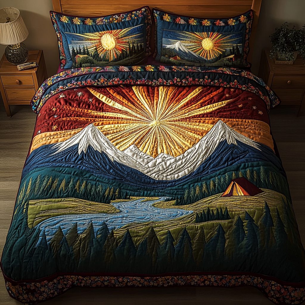 Golden Peaks quilted 3-piece bedding set on a made bed with two matching pillow shams