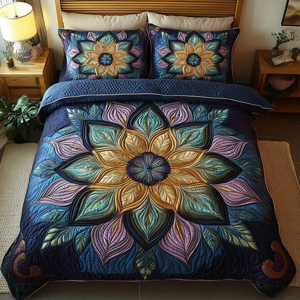 Golden Petal Glow quilted 3-piece bedding set on a made bed with two matching pillow shams