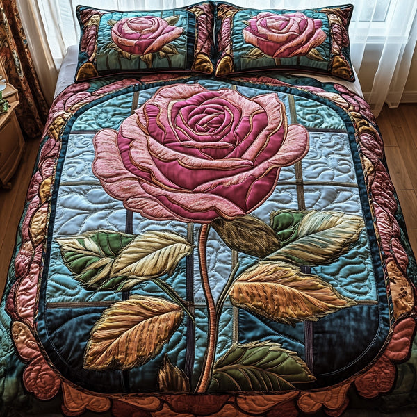 Golden Petal Rose quilted 3-piece bedding set on a made bed with two matching pillow shams