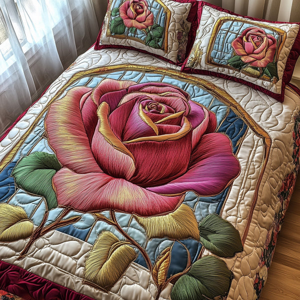 Golden Petal Rose quilted 3-piece bedding set on a made bed with two matching pillow shams