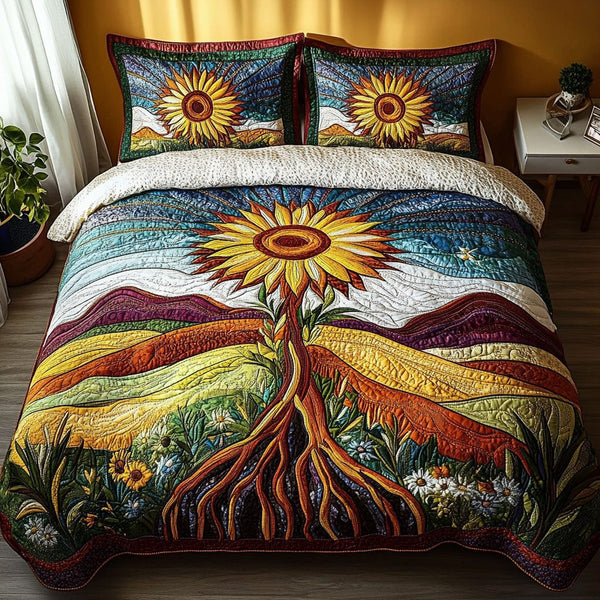 Golden Petals Dreamscape quilted 3-piece bedding set on a made bed with two matching pillow shams