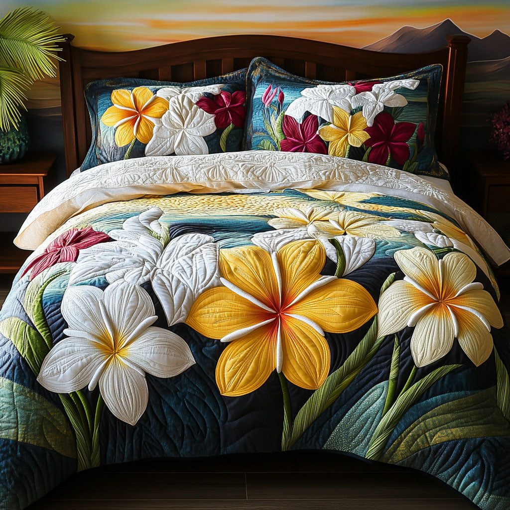 Golden Petals quilted 3-piece bedding set on a made bed with two matching pillow shams