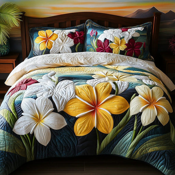 Golden Petals quilted 3-piece bedding set on a made bed with two matching pillow shams