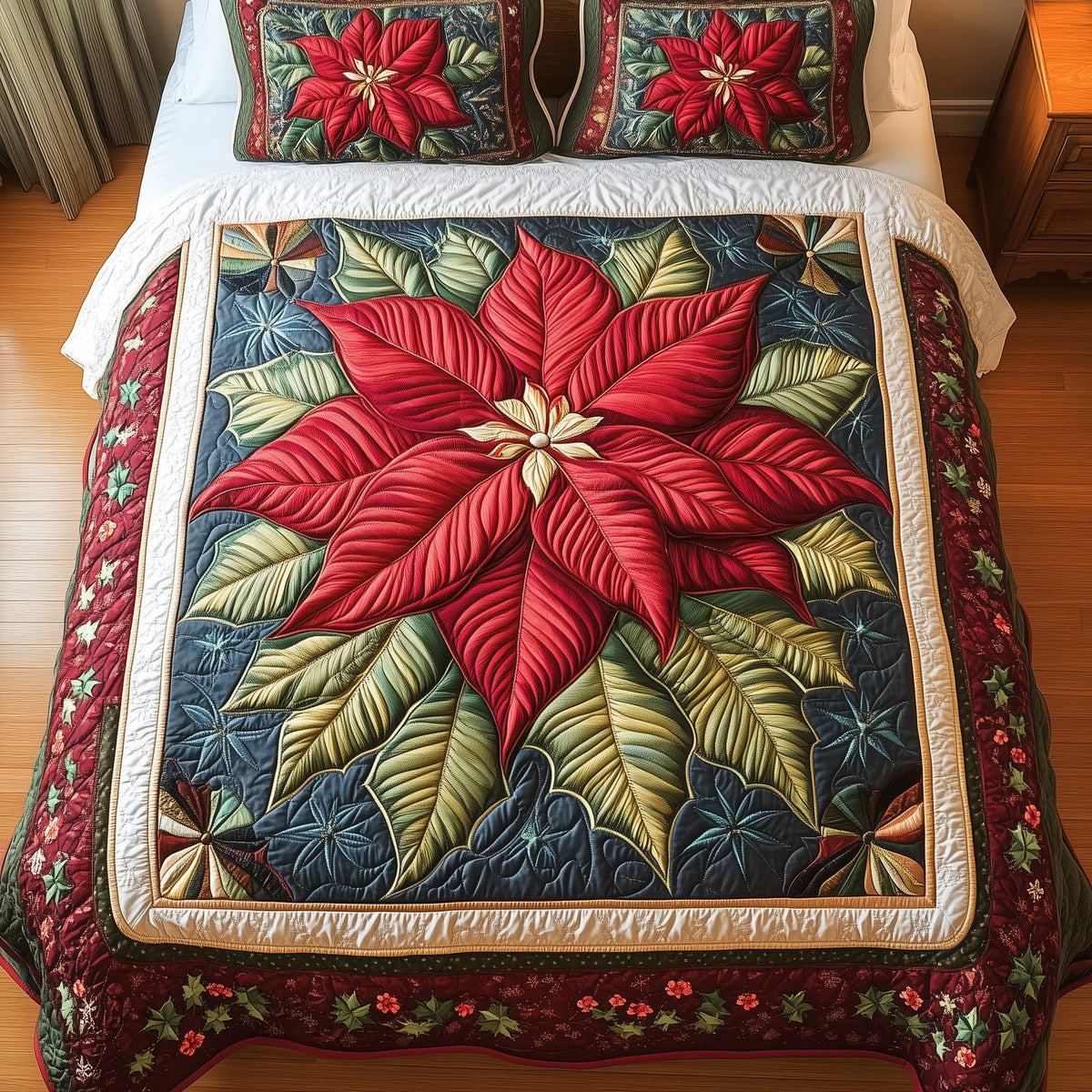 Golden Petals quilted 3-piece bedding set on a made bed with two matching pillow shams