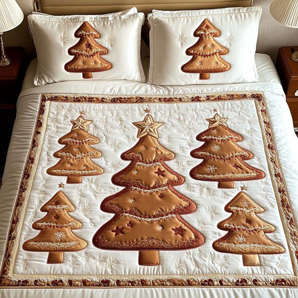 Golden Pines Charm quilted 3-piece bedding set on a made bed with two matching pillow shams