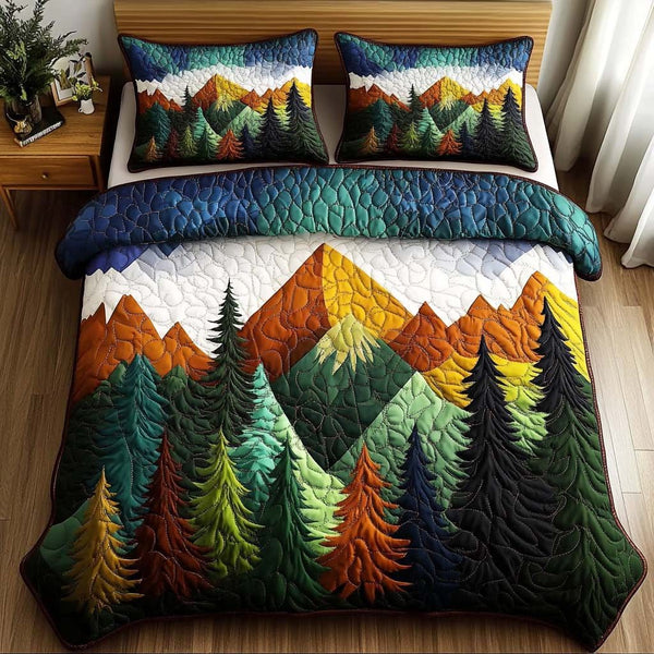 Golden Pinescape quilted 3-piece bedding set on a made bed with two matching pillow shams