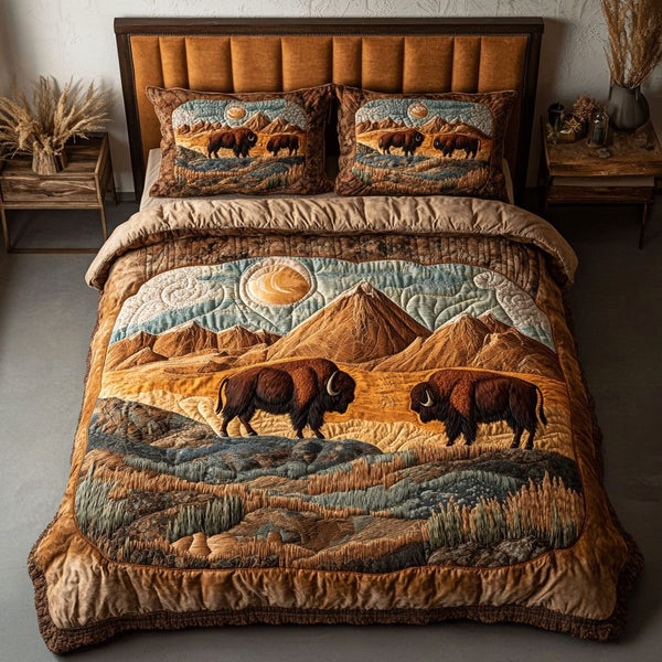 Golden Plains Bison quilted 3-piece bedding set on a made bed in a rustic timber bedroom