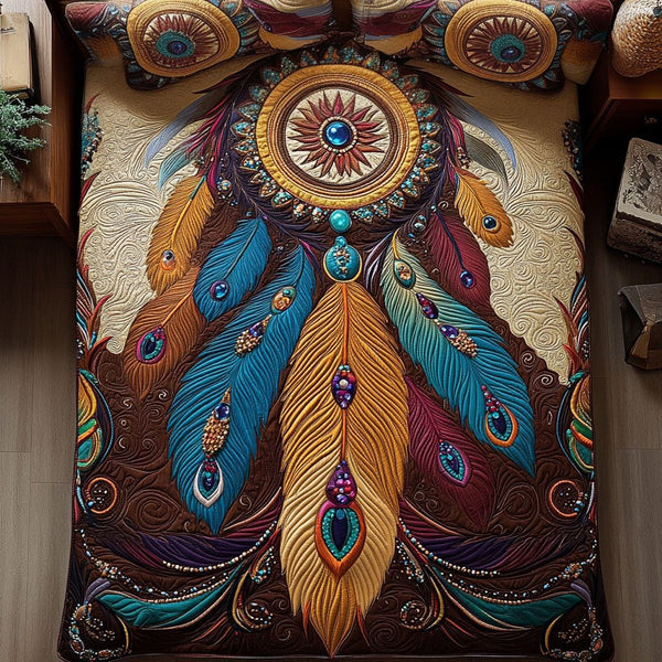 Golden Plume Elegance quilted 3-piece bedding set on a made bed with two matching pillow shams