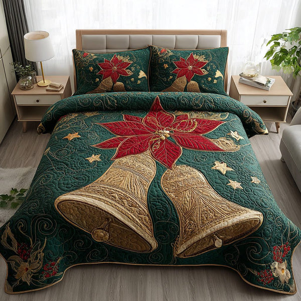 Golden Poinsettia Bells quilted 3-piece bedding set on a made bed in a winter-styled bedroom