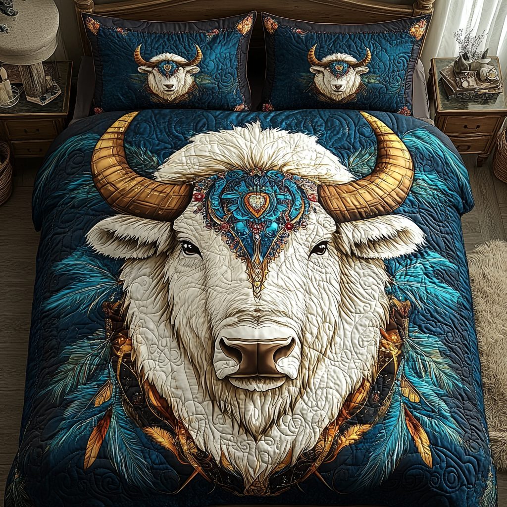 Golden Prairie quilted 3-piece bedding set on a made bed in a rustic timber bedroom
