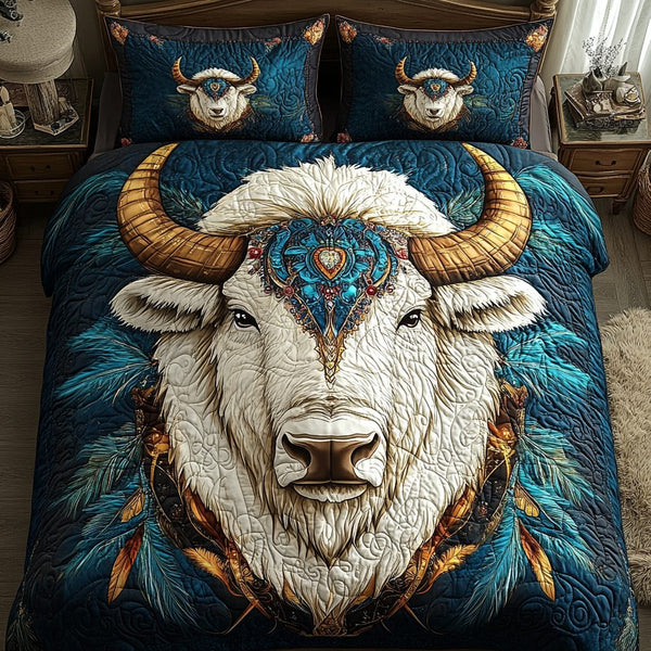 Golden Prairie quilted 3-piece bedding set on a made bed in a rustic timber bedroom