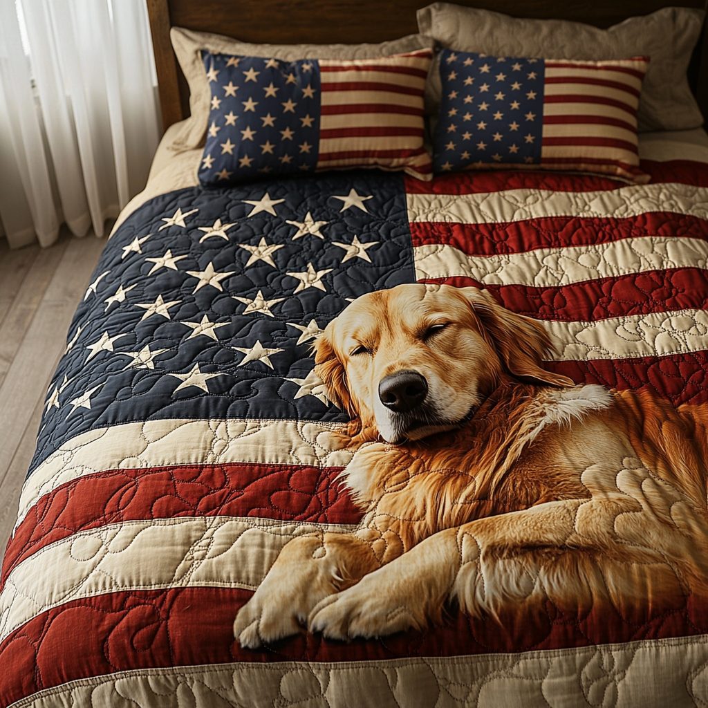 Golden Pride quilted 3-piece bedding set on a made bed with two matching pillow shams