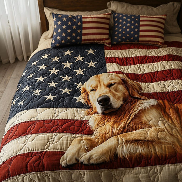 Golden Pride quilted 3-piece bedding set on a made bed with two matching pillow shams