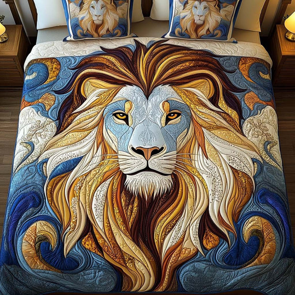 Golden Pride quilted 3-piece bedding set on a made bed with two matching pillow shams