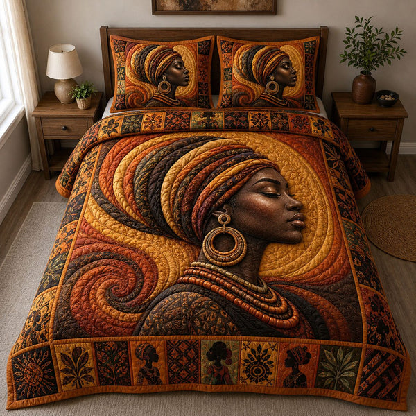 Golden Profile Black Queen quilted 3-piece bedding set on a made bed with two matching pillow shams