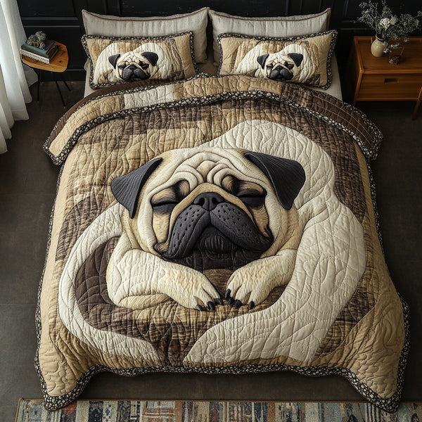 Golden Pug quilted 3-piece bedding set on a made bed with two matching pillow shams