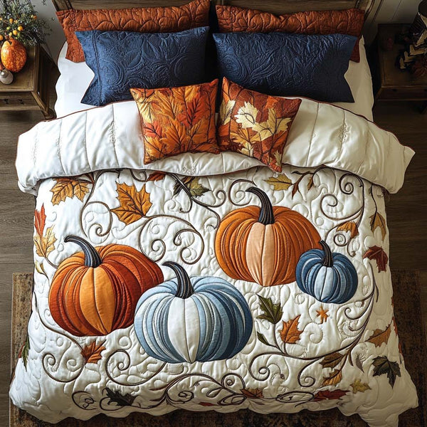 Golden Pumpkin Days quilted 3-piece bedding set on a made bed against a dark styled interior