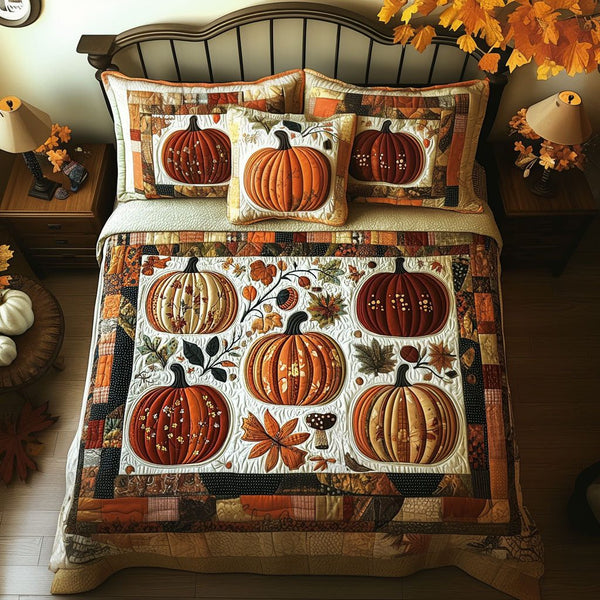 Golden Pumpkin Patch quilted 3-piece bedding set on a made bed against a dark styled interior