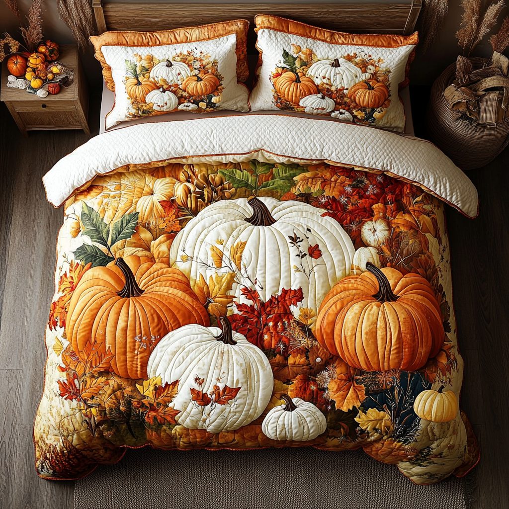 Golden Pumpkin quilted 3-piece bedding set on a made bed against a dark styled interior