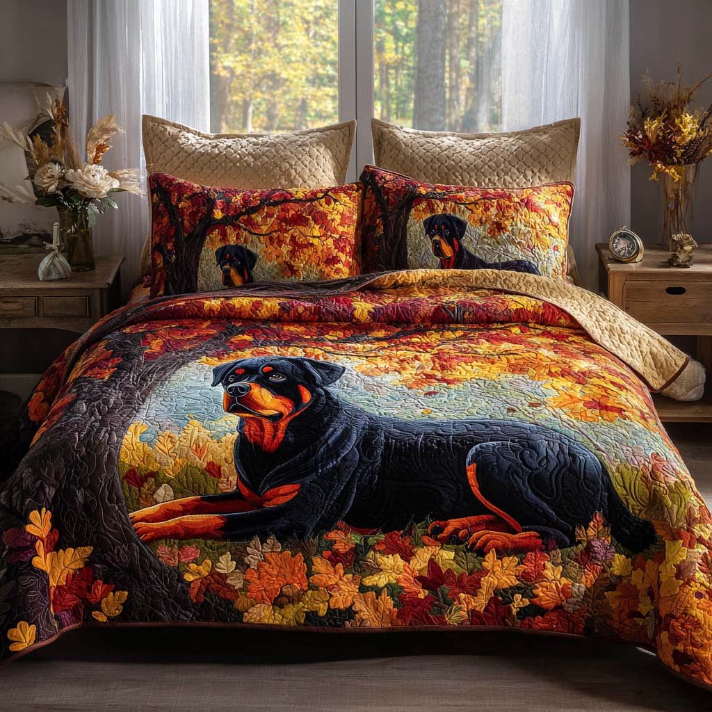 Golden Pup quilted 3-piece bedding set on a made bed with two matching pillow shams