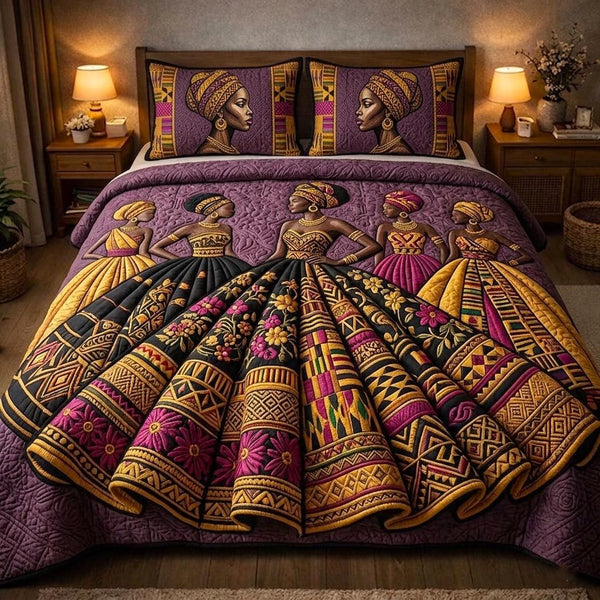 Golden Queen quilted 3-piece bedding set on a made bed with two matching pillow shams