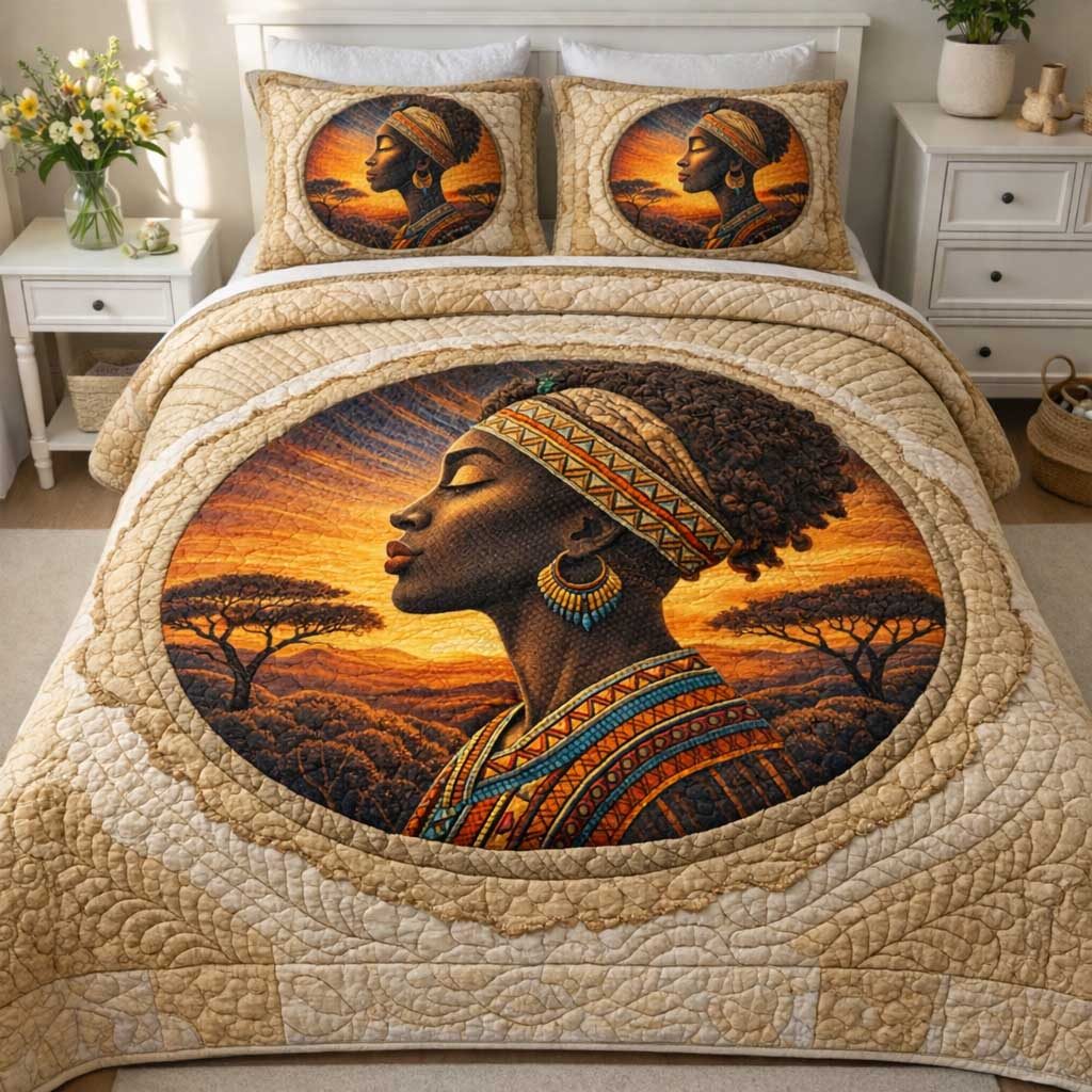 Golden Queen quilted 3-piece bedding set on a made bed with two matching pillow shams