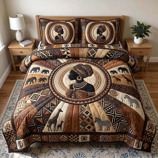 Golden Queen quilted 3-piece bedding set on a made bed with two matching pillow shams
