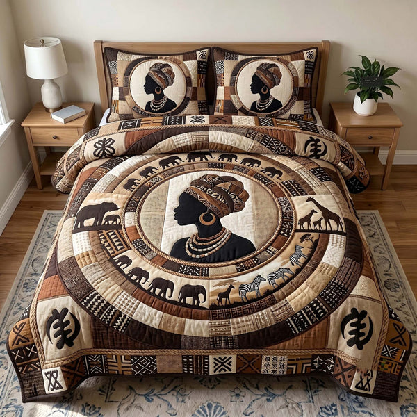 Golden Queen quilted 3-piece bedding set on a made bed with two matching pillow shams