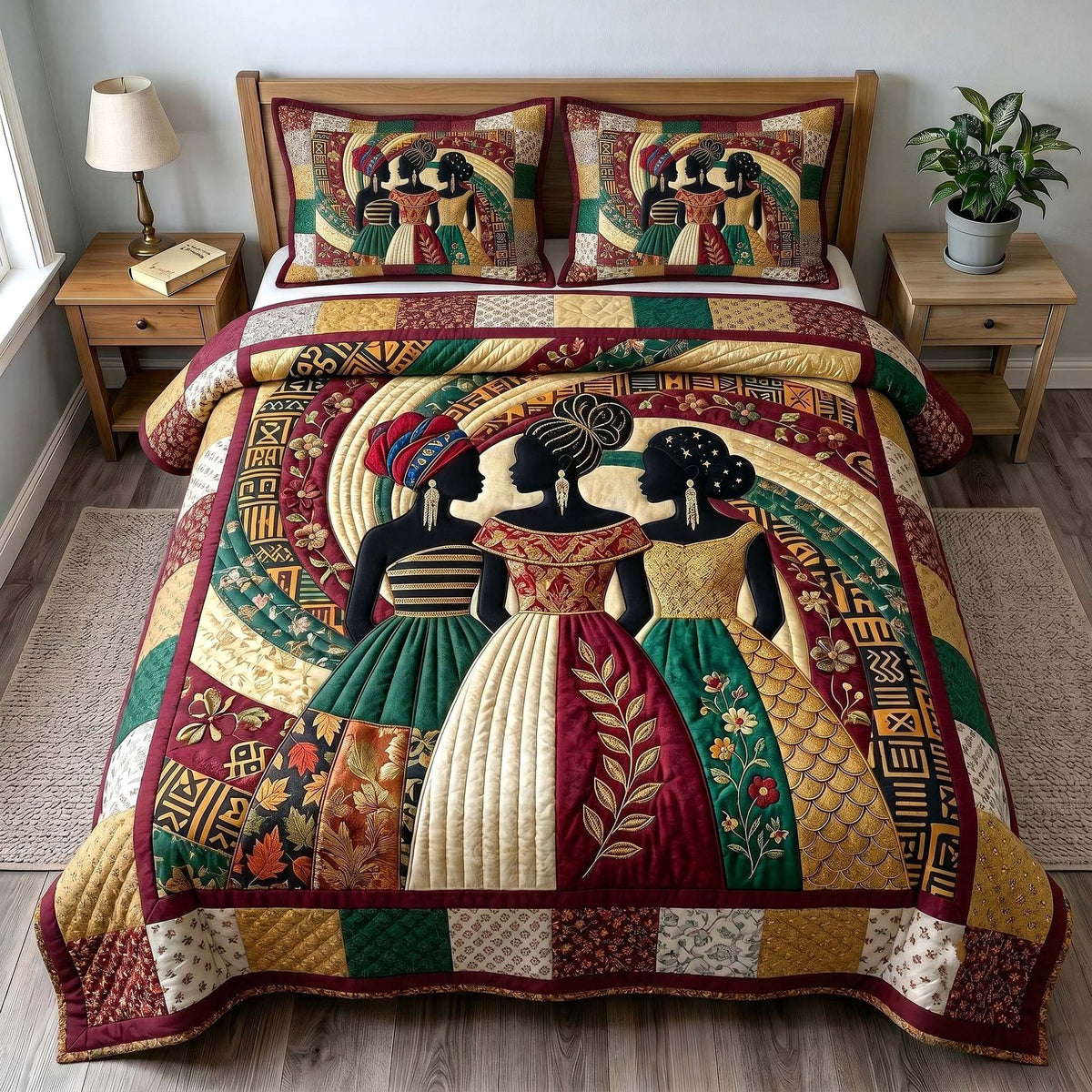 Golden Queen quilted 3-piece bedding set on a made bed with two matching pillow shams
