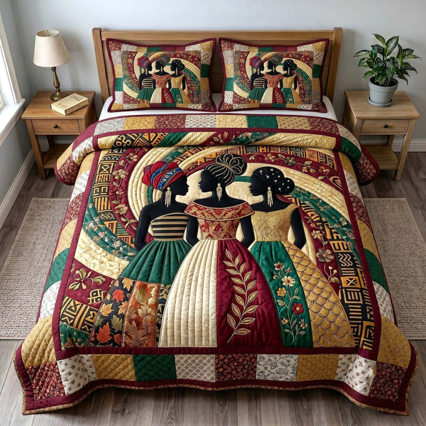 Golden Queen quilted 3-piece bedding set on a made bed with two matching pillow shams